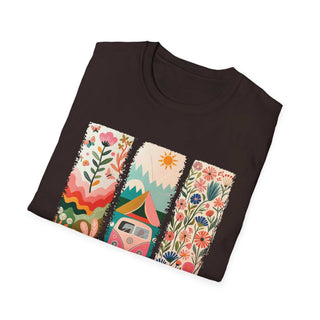 Unisex softstyle t-shirt with colorful camping adventure print featuring nature, tent, and floral designs