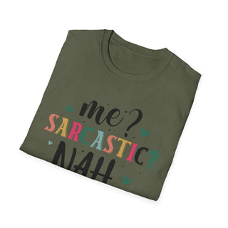 Unisex Sarcastic Humor T-Shirt with witty statement, soft cotton, and size guide table.