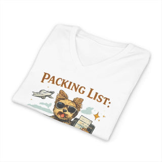 Vintage Yorkie Road Trip packing list V-neck tee with dog and treats design