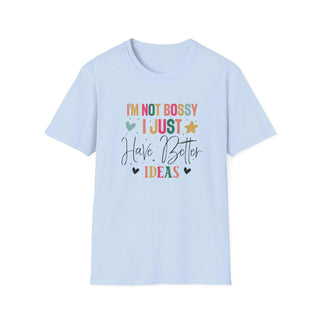I'm Not Bossy V-neck t-shirt in unisex style with empowering slogan and size guide table