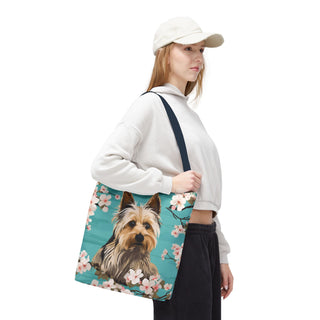 Yorkshire Beach Blue Yorkie Floral Tote Bag