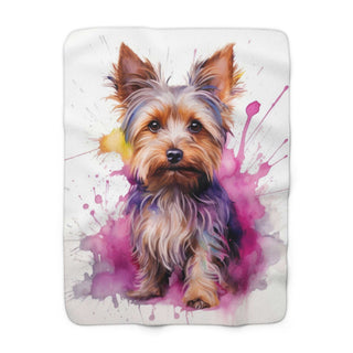 Yorkshire Terrier watercolor portrait on soft sherpa fleece blanket, 50x60 inches