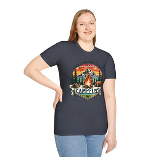 Unisex navy camping adventure t-shirt with colorful campfire graphic and "Life is better by the campfire" slogan