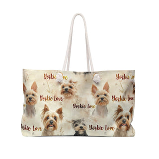 Yorkie Love Weekender Bag with cream canvas and watercolor Yorkie portraits, 24x13 inches, cotton rope handles, spacious T-bottom design