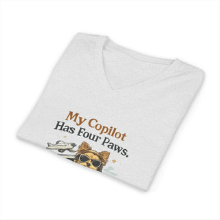 My Copilot Has Four Paws V-neck t-shirt with relaxed dog artwork and breathable cotton fabric