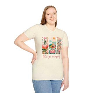 Unisex softstyle t-shirt with colorful camping adventure design and "let's go camping" text, made from lightweight cotton, worn by smiling woman