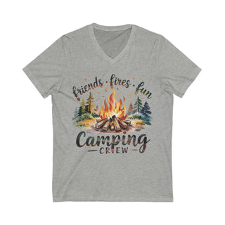 Unisex grey jersey short sleeve V-neck tee with camping crew bonfire graphic and text friends fires fun