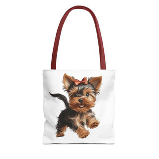 Yorkie puppy tote bag with hand-painted Yorkshire Terrier design and red bow on white background