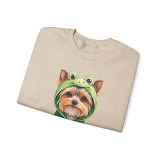 Embroidered Yorkie in frog costume on cozy crewneck sweatshirt