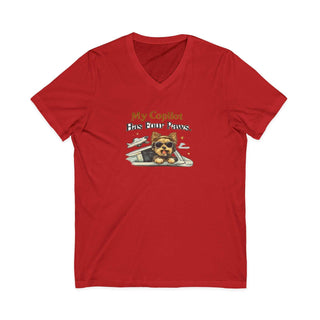 My Copilot Has Four Paws V-neck T-shirt featuring a relaxed dog design on soft 100% cotton fabric
