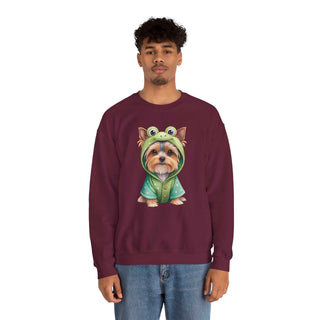 Crewneck sweatshirt with embroidered Yorkie in frog costume design