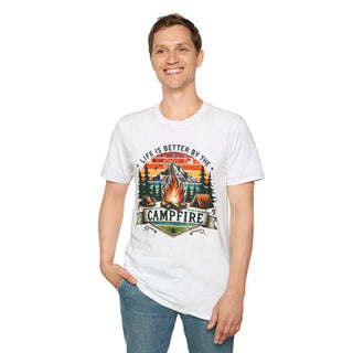 White Camping Adventure Unisex T-Shirt with "Life is Better by the Campfire" vintage campfire design, worn by smiling man