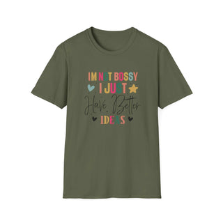 Unisex I'm Not Bossy V-neck T-shirt with empowering slogan and size guide table