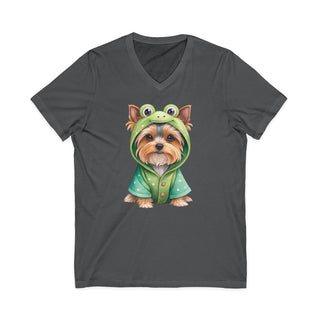 Yorkie in Frog Hoodie V-Neck T-Shirt