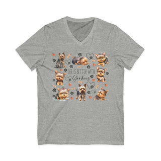 Yorkie Lover V-Neck T-Shirt size guide with dimensions and care instructions for unisex cotton tee