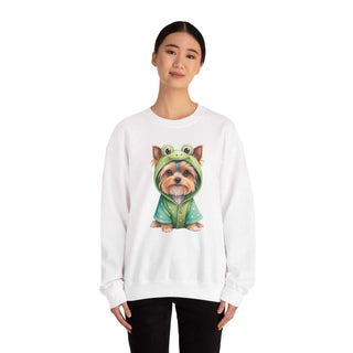 Embroidered Yorkie in frog costume on cozy crewneck sweatshirt