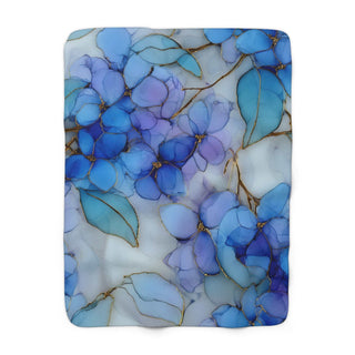 Ice Blue Lilacs Sherpa Blanket with plush sherpa backing and watercolor floral print in soft indigo and teal tones.