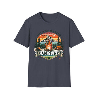 Camping Adventure Unisex T-Shirt with campfire and outdoor design in navy blue color