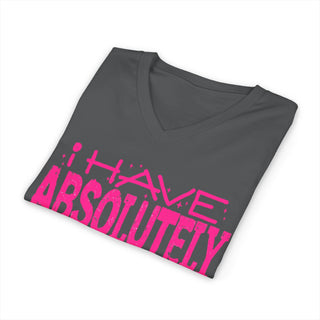 Folded dark grey V-neck tee with bright pink "I Have Absolutely No Desire To Fit In" text design