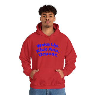 Black hoodie sweatshirt with Wake Up. Kick Ass. Repeat. slogan and kangaroo pocket