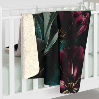 Dark Tulips Sherpa Blanket with velvet-like floral print and plush sherpa fleece back, 50x60 inches