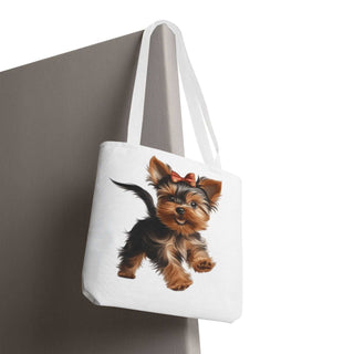 Compact Yorkie puppy tote bag with hand-painted style Yorkshire Terrier and red bow on white background, available in multiple sizes.