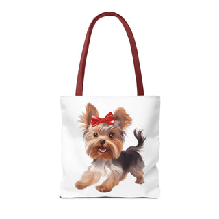 Yorkie puppy tote bag with hand-painted Yorkshire Terrier and red bow on white background