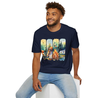 Man wearing navy Camping Adventure Unisex T-Shirt with colorful camping-themed graphic sitting on white block