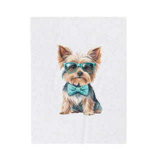 Yorkie in Glasses & Bow Tie Velveteen Plush Blanket
