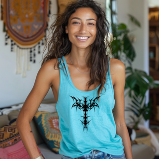 Racerback tank with a bold black gothic cross for striking alternative style