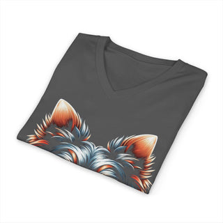 Patriotic Yorkie V-neck T-shirt with stars and stripes design on lightweight cotton fabric