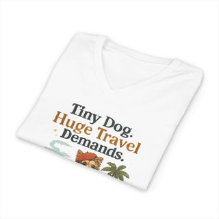 Tiny dog illustration with luggage and palm trees on V-neck travel t-shirt
