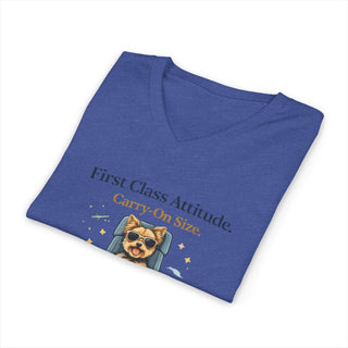 First Class Attitude V-neck t-shirt with confident pup artwork, lightweight cotton, and relaxed fit