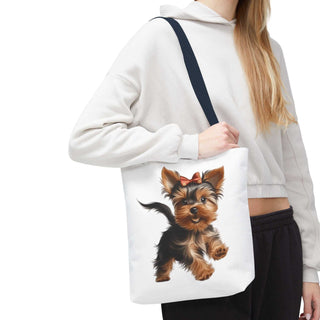 Yorkie puppy tote bag with hand-painted style Yorkshire Terrier and red bow on white background