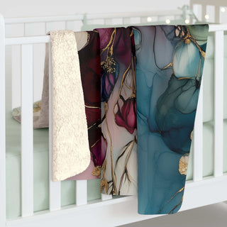 Cobalt Wisteria Sherpa Blanket with painterly petal design and plush fleece backing, 50x60 inches