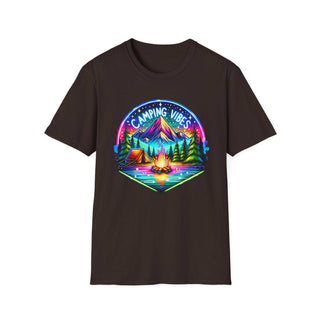 Black unisex softstyle t-shirt with colorful camping vibes graphic featuring a tent, campfire, trees, and mountains.