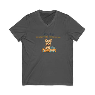 Tiny Dog Worldwide Reputation V-neck T-shirt with confident dog on suitcases, lightweight cotton, relaxed fit, ethical manufacturing