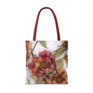 Vintage peony tote bag with watercolor floral print and maroon handles, lightweight polyester fabric.