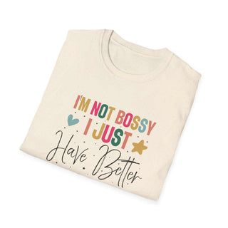 Unisex I'm Not Bossy V-neck t-shirt with empowering slogan and size guide table