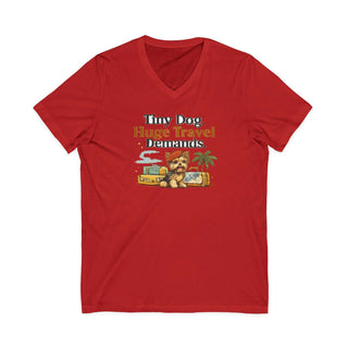 V-neck t-shirt with tiny dog and travel-themed design, lightweight cotton, available in sizes S to 2XL