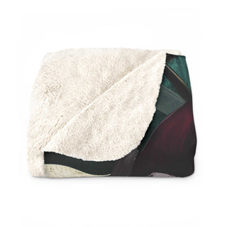 Dark Tulips Sherpa Blanket with deep teal background, burgundy tulips, golden leaves, and plush sherpa fleece backside.