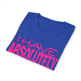 Blue V-neck tee with pink "I Have Absolutely No Desire To Fit In" text, 100% cotton, Bella+Canvas brand