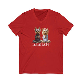 Yorkie Namaste V-Neck T-Shirt with yoga dog design, lightweight cotton, stylish fit, available in multiple sizes