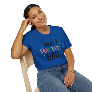 Me Sarcastic? softstyle unisex t-shirt showcasing sarcastic humor with comfortable fit and durable fabric