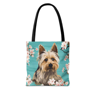 Yorkshire Beach Blue Yorkie Floral Tote Bag