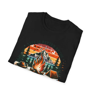 Black unisex Camping Adventure T-shirt with colorful campfire, mountain, tent, and forest design and "Life is Better by the Campfire" text.