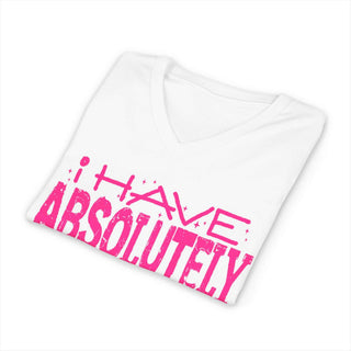 White V-neck tee with pink "I Have Absolutely No Desire To Fit In" text, 100% cotton, stylish and comfortable