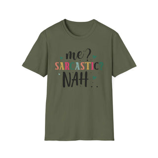 Unisex sarcastic humor t-shirt with "Me Sarcastic?" text, soft 100% cotton, size chart included
