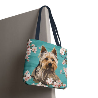 Yorkshire Beach Blue Yorkie Floral Tote Bag