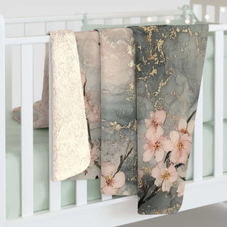 Blush cherry blossom sherpa blanket with soft printed front and plush velvety back, 50x60 inches
